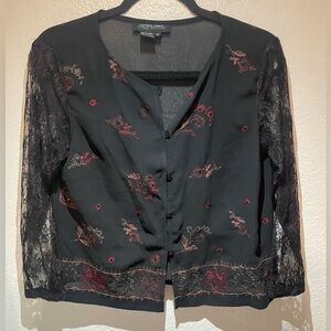 Cynthia Howie Y2K sheer floral lace button-down top size 8 black